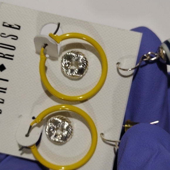 Robert Rose Set of 3 Silver tone Stud, Yellow Hoop, Drop Stripes - Women Jewelry - Picture 7 of 8